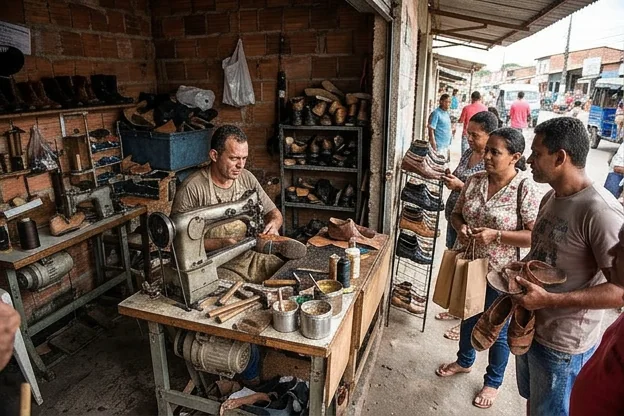 Grupo de pessoas entregando calçados em sapateiro durante a manhã de sábado.