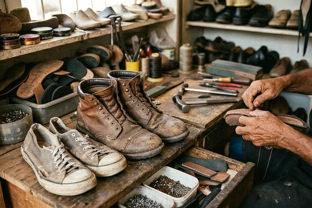 Sapatos com sinais de desgaste prontos para reforma em um ambiente de sapateiro.